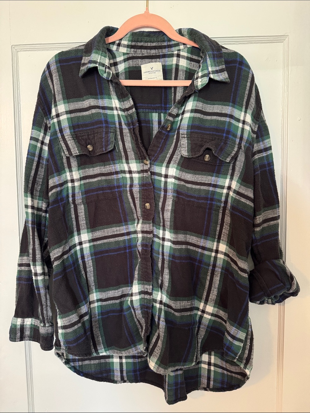 American Eagle Outfitters Black, Green & White Plaid Button-Down Shirt